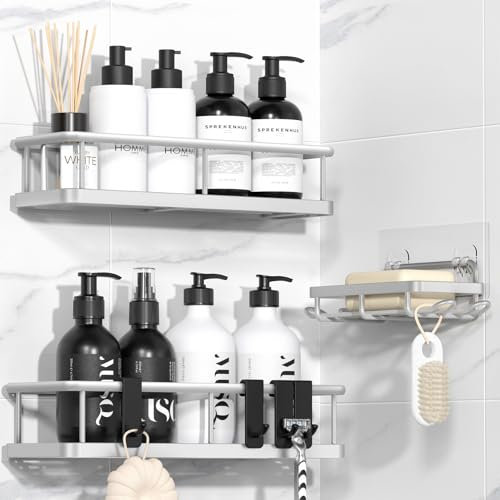 YASONIC Duschablage ohne Bohren Badezimmer Organizer, Badregal Duschregal ohne Bohren, Duschhalterung ohne Bohren Shampoo Halterung für Dusche, rostfrei Regal Dusche mit 8 Haken, 3 Stück, Silber