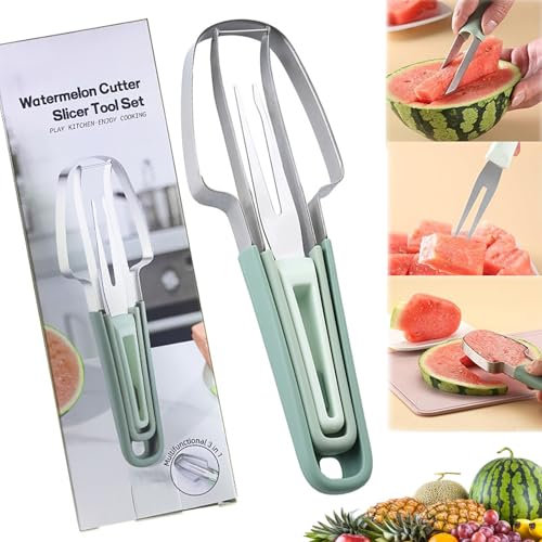 Cortador de Frutas 3 en 1 de Acero Inoxidable,Cortador de Sandía Nueva Cortadora de Tenedor de Sandía Cortador de Melón para Cortar Sandía