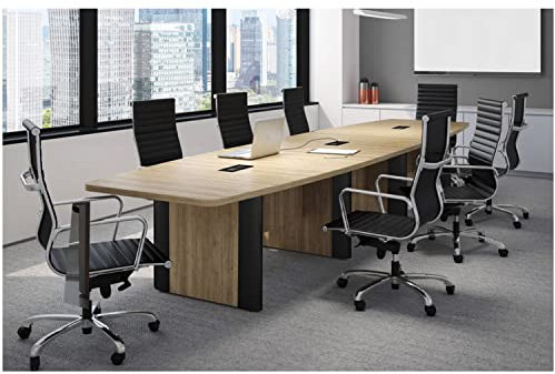 Natural Aspen Moderner Konferenztisch in Bootsform, Holzversteckdrähte innen, elliptische Metallbeine, Schreibtischtüllen, Rennstrecke, Sitzungssaal, Büro, Konferenzraum, 2 Stromdatenmodule, Schwarz
