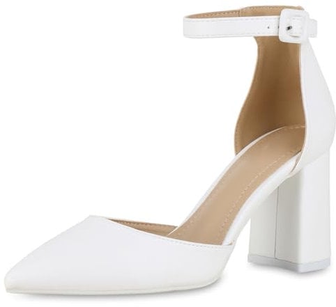 VAN HILL Damen Spitze Pumps Blockabsatz Basic Klassisch Schuhe 216157 Weiss 39