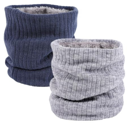 Fleece Neck Warmer Thermal Snoods, 2 Pairs Unisex Thick Winter Cold Weather Knitted Circle Scarf, for Cycling Motocycle Sports, for Cycling Running Skiing Sports, Light Gray, Navy Blue