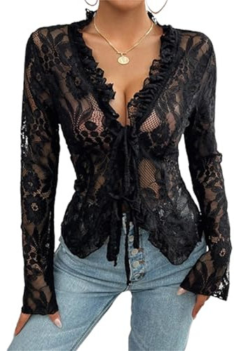 SANSIWU Women's Sexy Tie Front Lace Tops Long Sleeve V Neck Sheer Crop Blouse Fashion Ruffle Trim Slim Fit Casual Streetwear (A-Black, L)