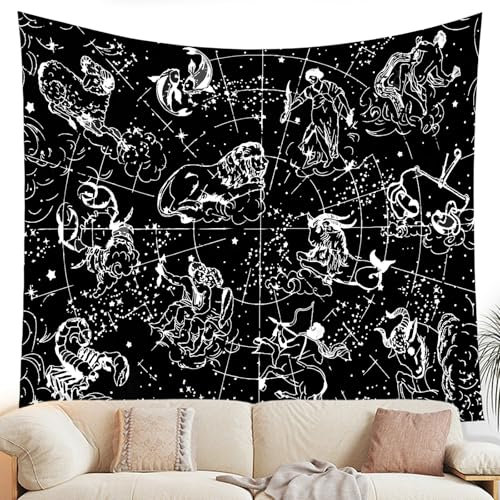 Dewocke Wandteppich Sternbilder 150x100cm Wandtuch Schwarz Weiß Sternenhimmel Wandbehang Trippy Tapestry Galaxie Wandteppich Aesthetic Wanddeko für Wohnzimmer Tabelle Zimmer Schlafzimmer Strand Werfen