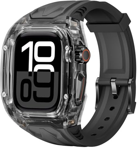 Delidigi Rugged Durchsichtige Schutzhülle mit TPU Armband Kompatibel mit Apple Watch Serie 10 46mm Ersatzarmband für Männer Frauen Schwarz