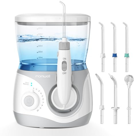Mornwell Feststehende Munddusche, Profi-Water Flosser, Zahnzwischenraumreiniger mit 10 Druckstufen und 6 Aufsätzen, integrierter Timer(Weiß)