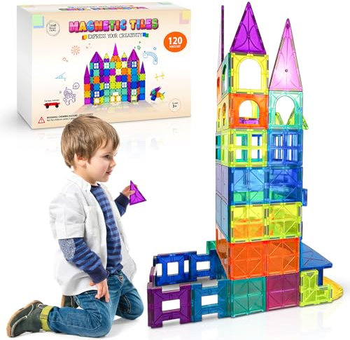 Small Magic Company 120Pcs Set Magnetic Tiles for Kids Construction Toys - STEM Kids Games for 3 4 5 6 7 Year Old Boys, Girls - Perfecr Gift - Strong Magnets