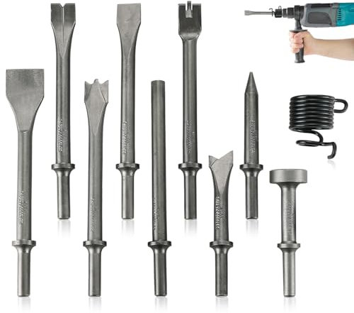 FLKQC Pneumatisches Lufthammermeißel-Set, robuster Hartstahl, pneumatische Lufthammermeißel mit 1 cm Schaft, pneumatisches Meißelwerkzeug, Nietenentfernung & Automobilreparaturen, inklusive Feder