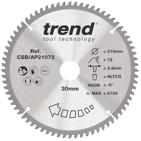 Trend Kreissägeblatt aus Aluminium und Kunststoff, 210 mm Durchmesser, 30 mm Bohrung, 72 Zähne, 2,8 mm Schnittfuge, -6° Haken, TCT, extrafeine Oberfläche, CSB/AP21072