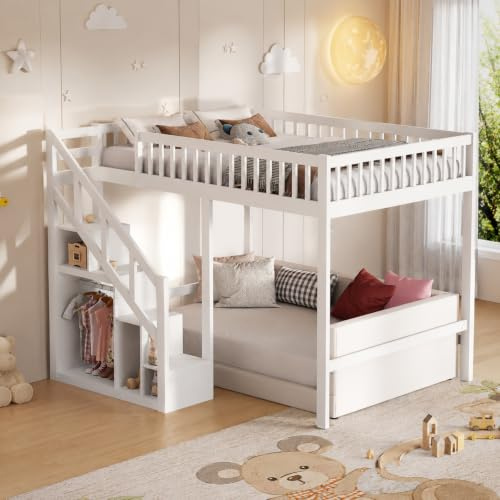 Etagenbett für Kinder mit rechtwinkliger Treppe 90 x 200 cm, Kinder Baumhausbett, Kinder Etagenbett mit Stauraum, Sturzschutz, Kinderbett für Jungen und Mädchen (Weiß)