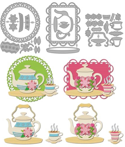 MAYJOYDIY Teapot Cup Set Metal Cutting Dies Flower Coaster Metal Die Cuts Lace Background Embossing Die Cut Stencils Decorative Embossing Paper Dies for Card Making DIY Scrapbook Album Gift Decor