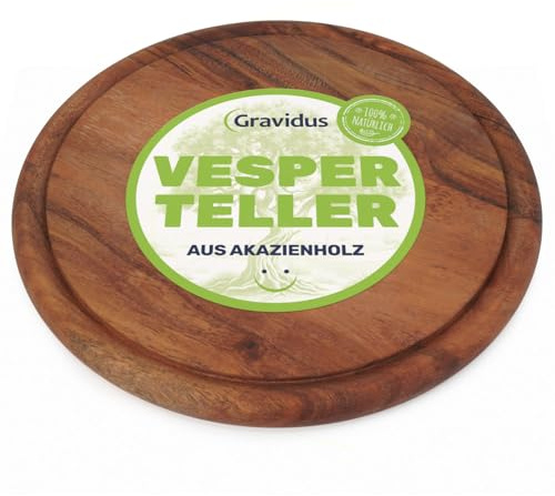 Gravidus Vesperteller aus FSC-zertifiziertem Akazienholz ⌀ 25 cm – langlebiger Brotzeitteller mit Saftrille, schnittfest & messerschonend – ideal für Frühstück, Brotzeit & Servieren (1 Stück)