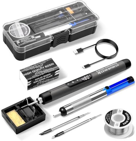 Akku Lötkolben Set - Daakro USB Wiederaufladbar Lötkolben mit LCD, Wireless Soldering Iron Set, Wireless Soldering Tips and Soldering Stand with Adjustable Temperature (Grau)
