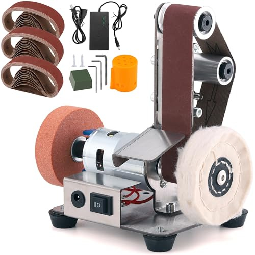 Mornajina Mini lijadora de banda para fabricación de cuchillos, lijadora de banda de banco de energía eléctrica 3 en 1, kit de pulido de 7 velocidades ajustables para cuchillos de carpintería de metal