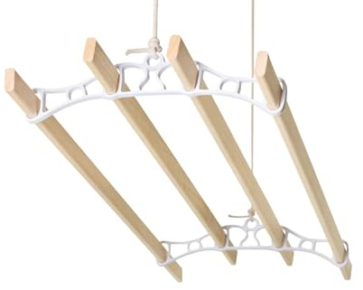 REMI TOOLS Traditional Kitchen Airer Pulley Dryer Kit with 4 Wood Laths Slats 1.5M Victorian Edwardian Clothes Horse Creel Airer Dryer Kitchen Rack Ceiling Pulley Laundry Drier (White, 4 slats)