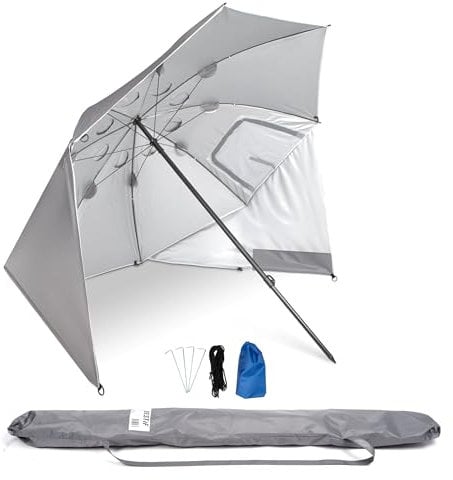 BESTIF Ombrellone da spiaggia grande XXL | robusto ombrello 2 in 1 per spiaggia giardino | protezione solare UV 50 | pieghevole multifunzionale | finestra 210 x 220 cm (grigio)