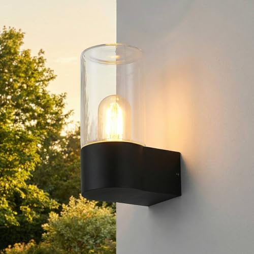 Licht-Erlebnisse Außenwandleuchte E27 IP44 H: 19,7 cm klein aus Aluminium Rauchglas in Schwarz Bernstein Modern Wandlampe außen Hof Haus Außenleuchte Wand Veranda