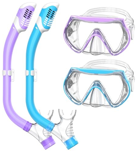Snorklingsutrustning för barn, barn snorkelset för åldrarna 6-14, torr topp snorkel, maskset barn simglasögon dykning mask kombo set anti-dimma panoramautsikt dykning paket