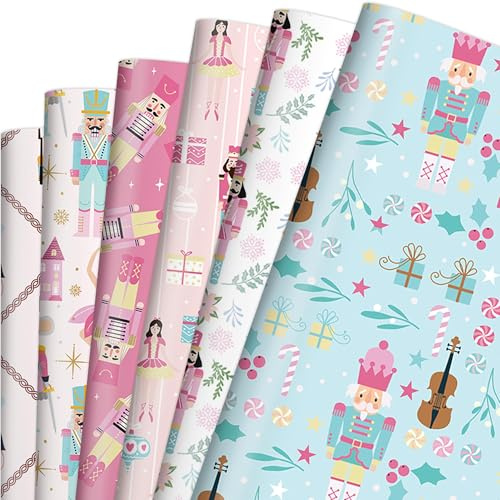 MOIZYNG 12 Sheets Christmas Wrapping Paper, Pastel Pink Nutcracker Ballet Gift Wrap Paper for Chrsitmas, Holiday, Party Celebration, 19.7 Inch X 27.6 Inch, Folded Flat