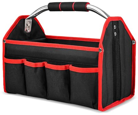 HAUTMEC 13 Inch Tool Tote Bag, Foldable Open Top Tool Bag with Stiff Frame, Padded Steel Handle, Water-Resistant Base, Portable Tool Organizer for DIY & Jobsite Use – TB0001