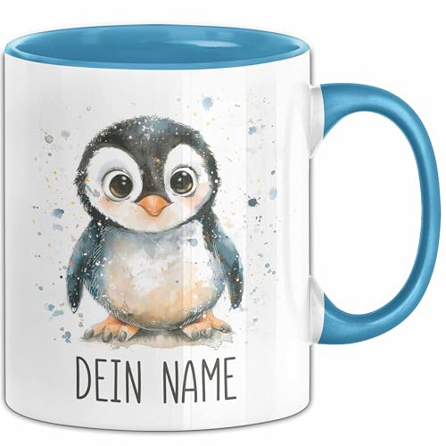 Pinguin Tasse mit Namen – Personalisierte Tasse Geburtstag Geschenkidee süßes Tiermotiv Namenstasse (Blau)