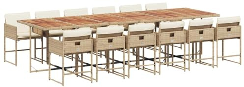 vidaXL Garten Essgruppe 13-TLG., Gartenm?Bel Set Tisch mit 12 Stühle, Gartengarnitur mit Kissen, Sitzgruppe Essgarnitur Terrasse, Beige Poly Rattan