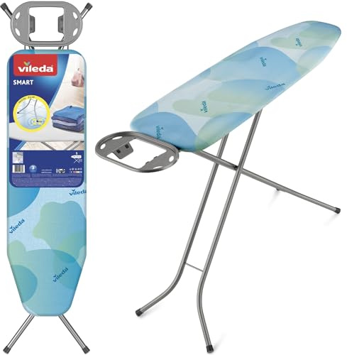 Vileda Tabla de Planchar Smart, Compacta, Altura Ajustable hasta 91 cm | Superficie 114 x 34 cm | Funda de algodón con espuma | Patas antideslizantes | Tubos extra gruesos | Color azul