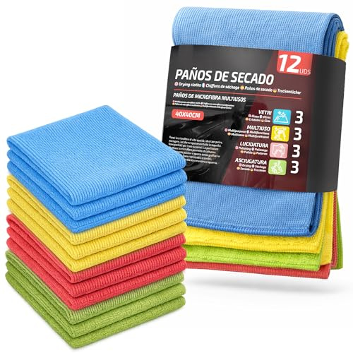 Chiffons Microfibre Auto 12 pièces 40×40 – cm vitres Polissage séchage | Absorbe 8 fois son poids – Résiste à 300 lavages – Ne laisse aucune trace – Ne raye pas la peinture – Bord surfilé
