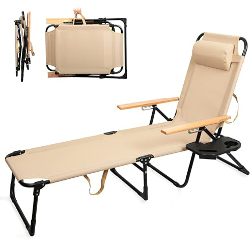 Generisch Klappbar Sonnenliege Liegestuhl, Outdoor Gartenliege inkl Kopfkissen Holz Armlehnen, bis 150 kg belastbar, Textilene Fabric für Balkon, Garten Strand Rahmen aus Kohlenstoffstahl (Beige)
