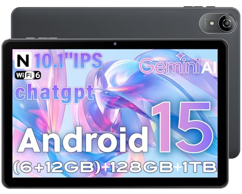 UBDXBD Tablet Android 15 10 Pollici, 18GB RAM (6+12) + 128GB, Octa-Core T30, 1TB Espandibile, WiFi 6, Batteria 6000mAh, Display IPS HD, Widevine L1, GPS, Tablet per Streaming, Grigio