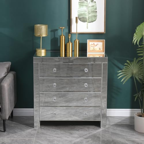 EFWOOD Large Mirrored Storage Dresser, 5/4 Drawer Mirrored Chest of Drawers for Bedroom,Living Room,Hallway (4 drawers chest)