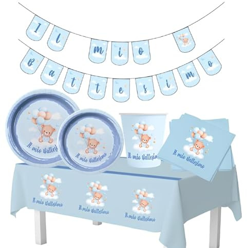 WOOPARTY Set Battesimo Bambino Celeste 24 Ospiti (98 Pezzi: 24 Piatti 23cm, 24 Piatti 18cm, 24 tovaglioli, 24 Bicchieri, 1 tovaglia, 1 Festone)