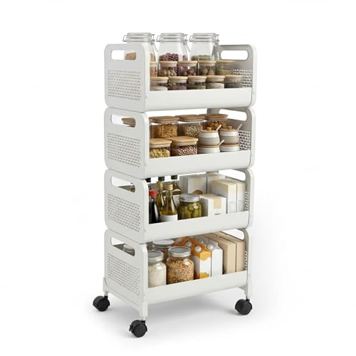 Sekey Rollwagen, Küchenwagen mit 4 Ebenen, Küchenregal, Stahlgestell, 360°-Gummiräder mit Bremse, Glatt Lackiert, Rostfest, Griff, Nischenregal auf Rollen ideal für Küche, Bad, Büro, Wohnzimmer, Weiß