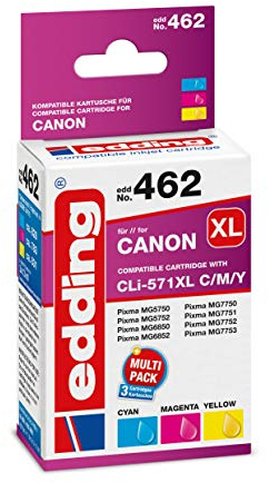 edding Druckerpatrone EDD-462 - Multipack 3 - Cyan, Magenta, Gelb - 3x 13 ml - Reichweite 3x 810 Seiten - Ersetzt Canon CLI-571XLC/M/Y