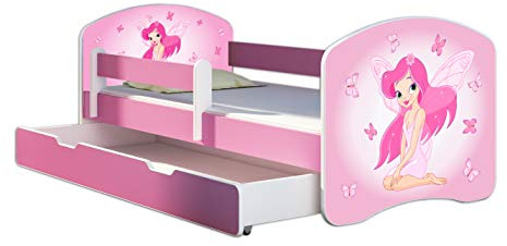 ACMA Kinderbett 70 x 140 cm mit Bettkasten, Matratze & Lattenrost – Jugendbett mit Rausfallschutz, personalisiertes Motiv 07 Rosa Fee - Rosa, Mädchenbett ab 3 Jahren, belastbar bis 120 kg