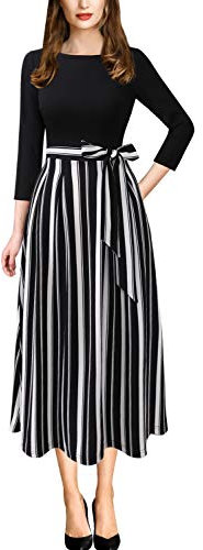 Vfshow Womens Elegant Patchwork Pockets Print Work Casual A-Line Midi Dress, Black and White Striped Print-3/4 Sleeves, XXL