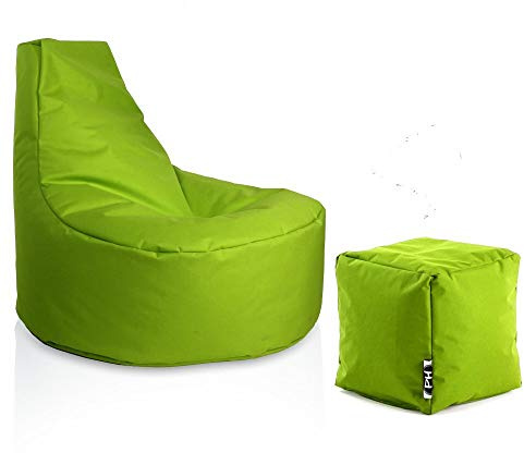PATCH HOME Gamer Sessel inkl. Würfel Bean Bag Set Ø75cm, 30cm Sitzhöhe, 80cm Höhe + 35x35cm Würfel Kiwi