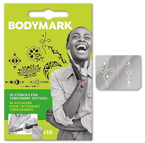 BodyMark by BIC STENCIL KIT pour Stylos de Tatouage Temporaire - 16 Motifs Tendance Assortis Selon l’Humeur ou l’Occasion - Pack de 10 Feuilles de Pochoirs