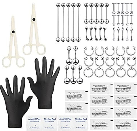 60 Stück Piercing Kit Set Zum Selber Stechen,Lot Edelstahl Knorpel Helix Daith Septum Reifen Nasenring Hufeisen Lippe Zunge Augenbraue Tragus Nippel Bauchnabel Ringe Barbells Körperschmuck 14G 16G