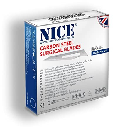 100 x NICE No.26 Sterile Carbon Steel CS26 Surgical Blades