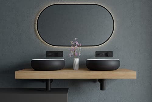BERNSTEIN - Vasque Lavabo Rond à poser Noir/Blanc mat Ø40x12cm Lave main fonte minérale + Bonde pop-up sans cache - Design, Robuste & Durable - NT8559