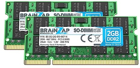BRAINZAP RAM da 4 GB DDR2 SO-DIMM PC2-5300S 2Rx8 667 MHz 1,8 V CL5 - Memoria di memoria per laptop (2 X 2 GB)