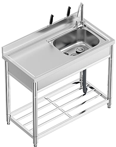 Fregadero de Cocina Comercial con Banco de Trabajo, 100 × 50 × 94 cm Fregadero de Acero Inoxidable Independiente con Grifo, Fregadero Industriales con Patas Acero para Cocina, Restaurante, Bar, Jardín