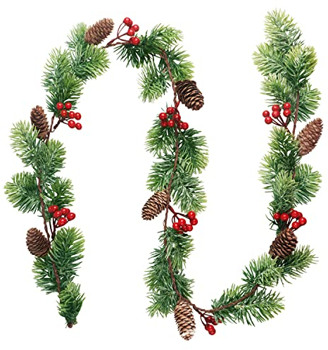 170 cm Weihnachtskiefer Girlande Künstliche Rote Beeren Weihnachtsgirlande Tannenzapfen Girlande Winterkiefer Girlande mit Tannennadeln für Haus Mantel Kamin Treppe Tisch Centerpiece Dekoration