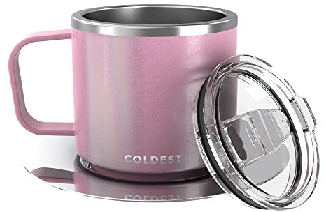 Stackable Insulated Espresso Cup with Saucer by Coldest - Insulated Triple Wall Travel Stainless Steel Travel Double Shot Espresso Coffee Mug with Sliding Lid (4 oz, Forever Pink Glitter)
