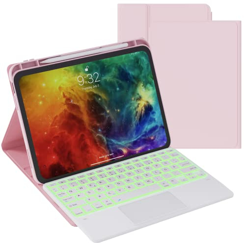 ROOFEI Hülle mit Tastatur für iPad (A16) 11.Generation 11 2025, iPad 10. Generation 10.9 2022-7 Farben Beleuchtete Multi-Touch-Trackpad QWERTZ Layout Tastatur Hülle mit Stifthalter, Rosa