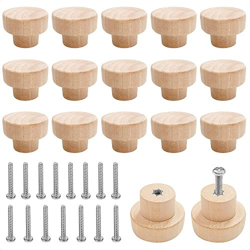 MOSNOW 15 Pcs Wood Drawer Knobs with Screws - Round Cupboard Handles for Kitchen, Wardrobe & Furniture - 25 x 35 mm