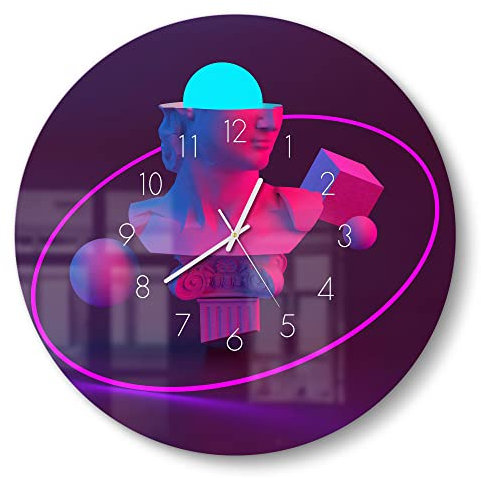 DEQORI Glasuhr | rund Ø 50 cm | Motiv Collage mit Büste | große XXL Design Uhr aus Glas | leise Wanduhr für Wohnzimmer & Küche | Moderne Hingucker Uhr für die Wand