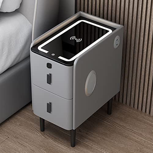 Mini Smart LED Nightstand with 2 Drawers, 3 Color Dimming, Modern Bedside Table Bedroom with Wireless Charging Port for Bedroom and Living Room (Color : Grigio, Size : D-40x25x50cm)