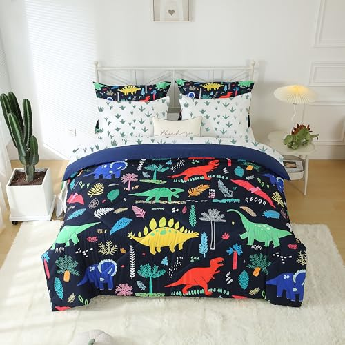 Jameswish Kids Boys Dinosaur Comforter Set Full Size 7 Piece Bed in a Bag Colorful Dino Bedding Set for Child Teens (1 Comforter, 1 Flat Sheet, 1 Fitted Sheet, 2 Pillow Shams, 2 Pillowcases)