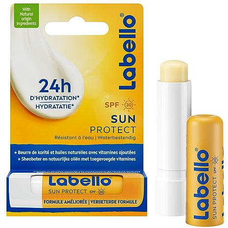LABELLO Sun ProtectProtection Solaire FPS 30 (1 x 5,5 ml), stick lèvres protection UVA/UVB & hydratation 24 h, baume à lèvres au beurre de karité et huiles naturelles enrichies en vitamines C & E